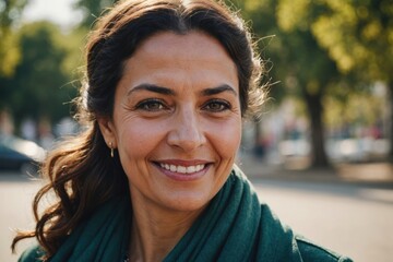 Close portrait of a smiling 40s Algerian woman looking at the camera, Algerian outdoors blurred background