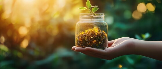 Poster - A hand holds a jar filled with plants, capturing a moment of nature in sunlight, symbolizing growth and sustainability.