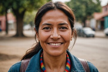 Wall Mural - Close portrait of a smiling 40s Bolivian woman looking at the camera, Bolivian outdoors blurred background