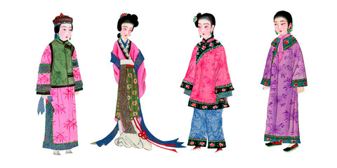 set of Vintage Chinese Qing dynasty costumes and fashion for women