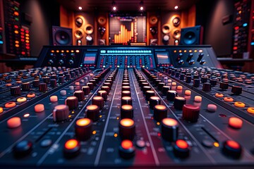 Modern Music Studio with Professional Audio Mixing Console and Sound Equipment Setup