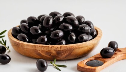 Sticker -  Freshly harvested black olives in a wooden bowl