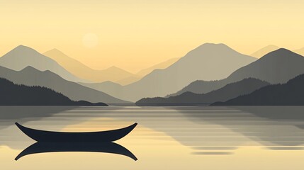 Wall Mural - A single boat sits on a calm lake with a mountain range in the background at sunset.