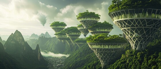 Canvas Print - A futuristic landscape featuring floating islands with lush greenery and intricate structures, set against a majestic mountainous backdrop.