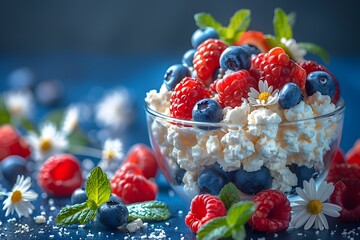 Wall Mural - Fresh Summer Berry Salad with Cottage Cheese and Daisies - Healthy Snack, Design for Print or Poster