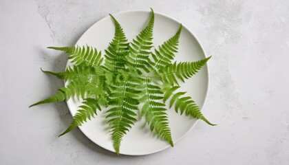 Wall Mural -  Fresh and vibrant fern leaves on a white plate