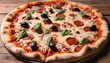 © SwathiFX - Deliciously baked pepperoni pizza with fresh basil and olives
