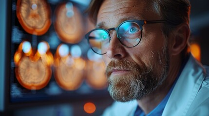 Poster - A man with glasses is looking at a computer monitor displaying a brain scan