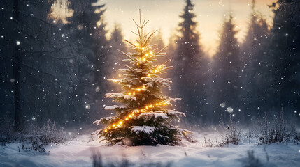 Sticker - Christmas tree in the winter forest with copy space