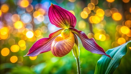 A vibrant ladyslipper flower emerges in its natural habitat, displaying a breathtaking array of colors and an