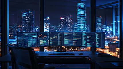 Sticker - A modern office desk with multiple monitors displaying graphs, data, and code, overlooking a city skyline at night.