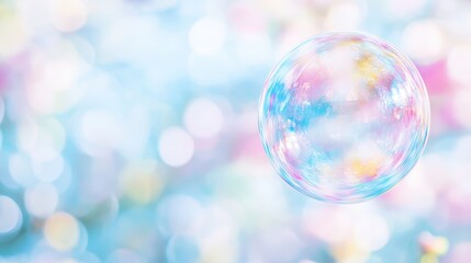 Wall Mural - a delicate soap bubble floating against a pastel, bokeh-filled background, reflecting soft pink, blu