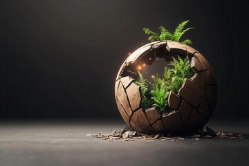 Cracked globe with greenery, dark background, eco concept