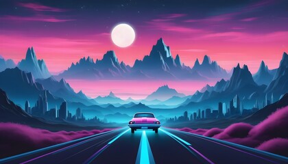 Wall Mural - Synthwave Retro Car in a Neon-Lit Urban Nightscape