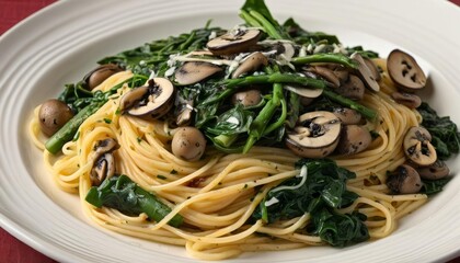 Poster -  Delicious pasta dish with mushrooms and spinach