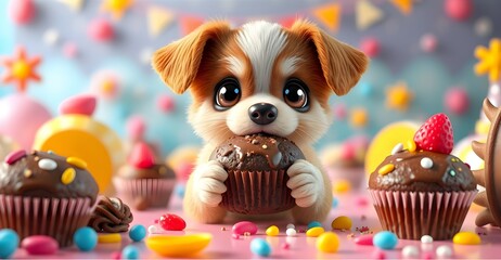 Wall Mural - Puppy with Chocolate Muffin