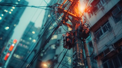 Wall Mural - Cityscape with Tangled Wires and Buildings