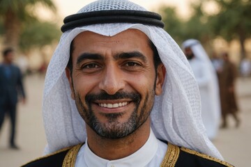 Wall Mural - Close portrait of a smiling 40s Kuwaiti man looking at the camera, Kuwaiti outdoors blurred background