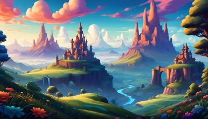 Wall Mural - Fantasy platform game landscape featuring whimsical castles and vibrant scenery