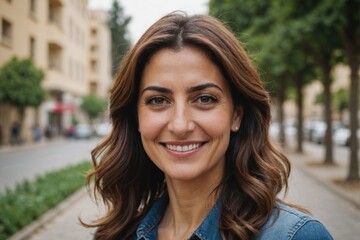 Close portrait of a smiling 40s Lebanese woman looking at the camera, Lebanese outdoors blurred background