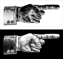 Poster - A hand pointing a finger in an etched vintage woodcut style