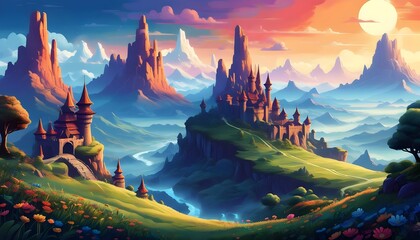 Wall Mural - Fantasy platform game landscape featuring whimsical castles and vibrant scenery