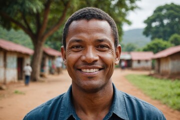 Wall Mural - Close portrait of a smiling 40s Malagasy man looking at the camera, Malagasy outdoors blurred background