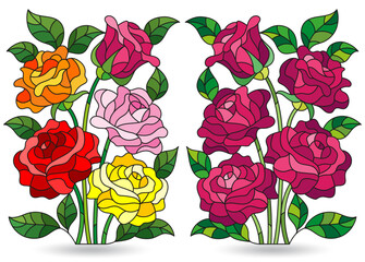 Wall Mural - Set of illustrations in stained glass style with bouquets of rose flowers, isolated on a white background