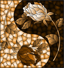 Wall Mural - Illustration in stained glass style with rose flowers, rectangular image, tone brown