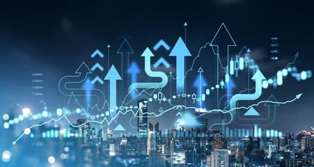 Poster - A financial chart with upward arrows and various graphs overlaying a cityscape at night. It represents concepts of stock market growth, forex trading, and business evolution