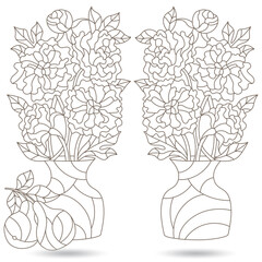 Wall Mural - Set of contour illustrations in stained glass style with bouquets of peony flowers in vases and fruits, isolated on a white background