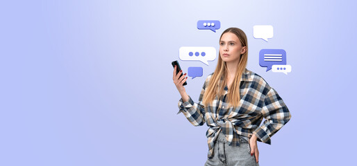 Poster - Woman holding smartphone with speech bubbles on light blue backg