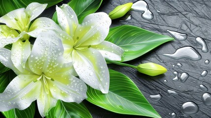 White Lilies with Dew Drops on Grey Stone Background