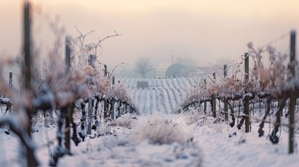 Wall Mural - Blurry winter vineyard with snow-covered vines and a calm overcast sky