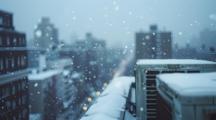 Sticker - Winter rooftop scene with snow-covered HVAC units and a cold cloudy sky