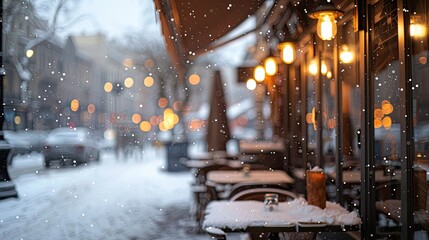 Poster - Winter terrace scene with blurred snow-covered tables and a chilly street view