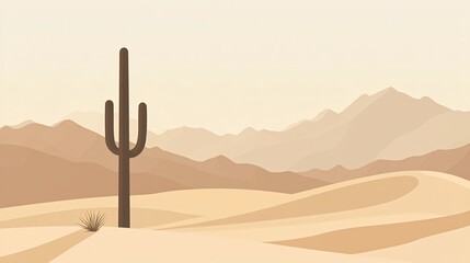 A single cactus stands tall in a desert landscape with mountains in the background.