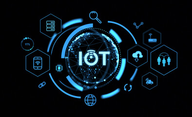 Poster - Futuristic digital interface displaying various IoT icons and symbols in blue on a dark background, representing connectivity and technology concepts. 3D Rendering