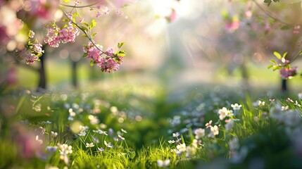 Wall Mural - Blurry spring orchard with flowering apple trees and a sunny grassy path