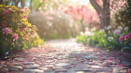 Sticker - Blurry garden pathway with flowering trees and a sunny clear sky