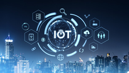 Poster - Bangkok night cityscape, IOT with digital icons and business technology