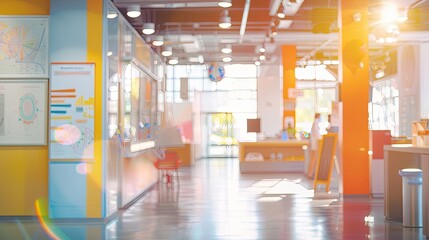 Wall Mural - Blurry museum with interactive exhibits and a sunny bright sky