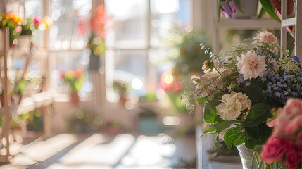 Wall Mural - Blurry spring studio with floral displays and a clear sunny sky