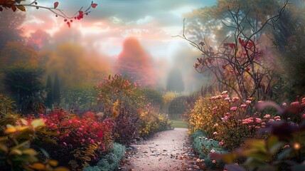 Wall Mural - Blurred flower beds in a fall garden with misty skies and soft colors