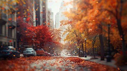 Wall Mural - City street in autumn blurred trees and buildings with a soft cloudy sky