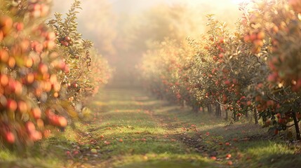 Canvas Print - Autumn orchard with blurred apple trees and soft fruit under a bright sky