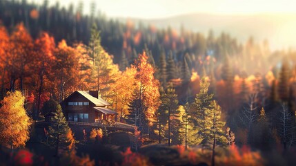 Wall Mural - Blurred fall lodge with softened autumn trees and a bright crisp sky