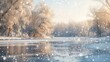 © javier - Winter scene with blurred snow-covered trees and a frozen lake soft light filtering