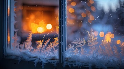 Wall Mural - Blurred frost-covered window with warm glow from distant fireplace soft indoor light