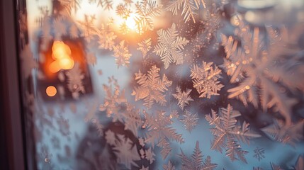 Wall Mural - Blurred frost-covered windowpane with soft lighting and warm glow from distant fire